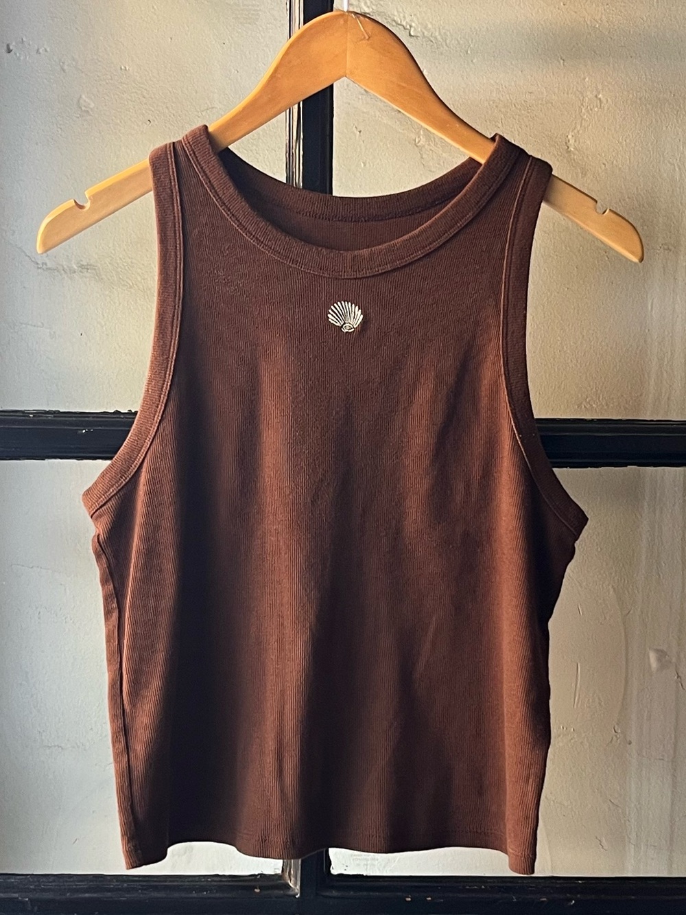 Lovely Brown Cotton Embroidered Shell Tank Top